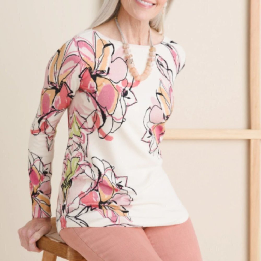 Chico's Women's Basic LS Floral Pullover Sweater M